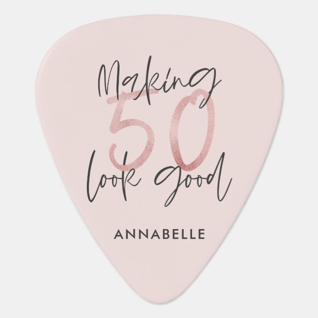 Making 50 look good girly pink glitter birthday guitar pick (Front)