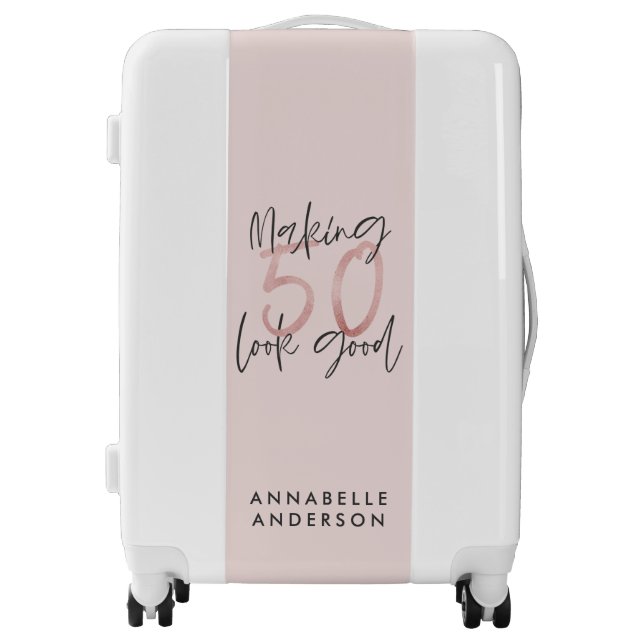 Making 50 look good girly pink glitter birthday luggage (Front)