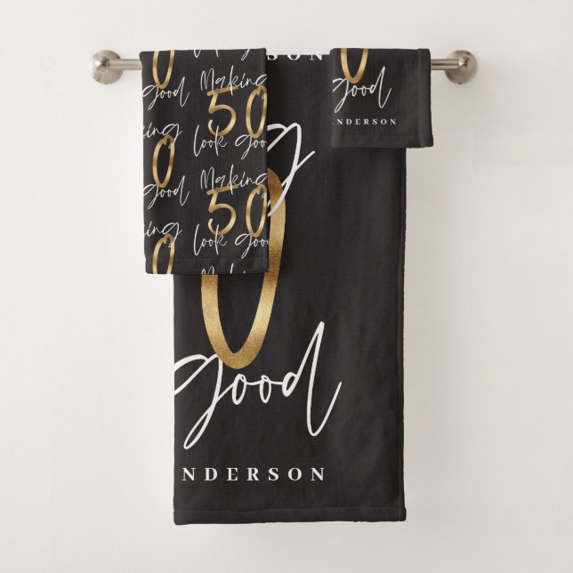 Making 50 look good gold birthday celebration bath towel set (Insitu)