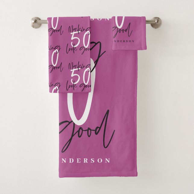 Making 50 look good gold birthday celebration bath towel set (Insitu)