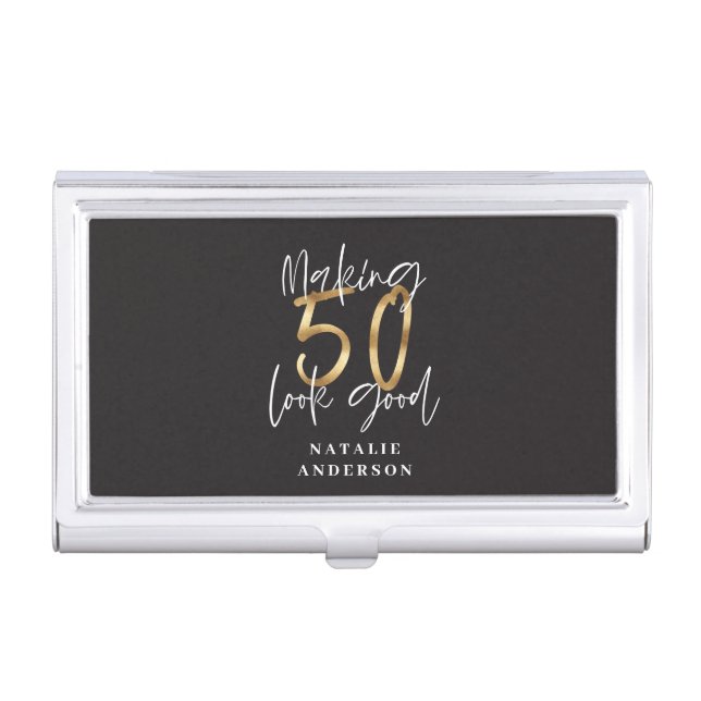 Making 50 look good gold birthday celebration business card case (Front)