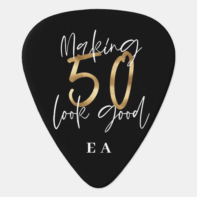 Making 50 look good gold birthday celebration guitar pick (Front)