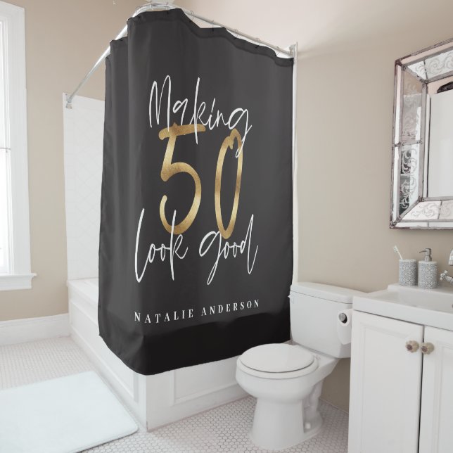 Making 50 look good gold birthday celebration shower curtain (In Situ)
