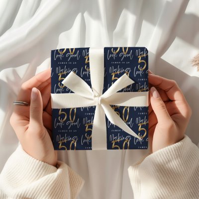Making 50 look good gold birthday party napkins wrapping paper