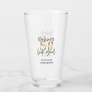 Making 50 look good gold black photo birthday glass