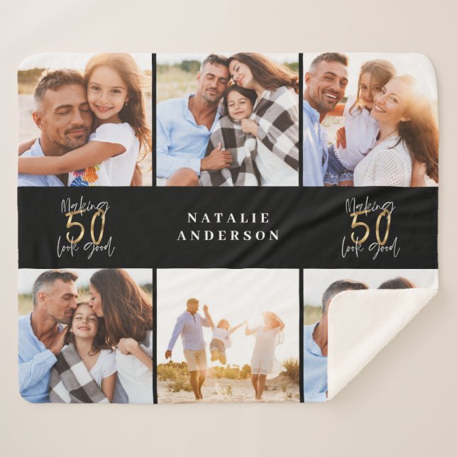 Making 50 look good gold black photo birthday sherpa blanket (Front (Horizontal))