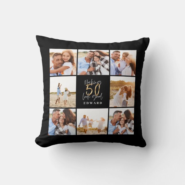 Making 50 look good gold black photo birthday throw pillow (Front)