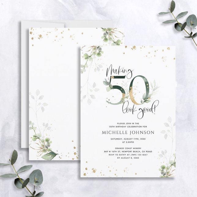 Making 50 Look Good Green Gold Botanical Birthday Invitation (Creator Uploaded)