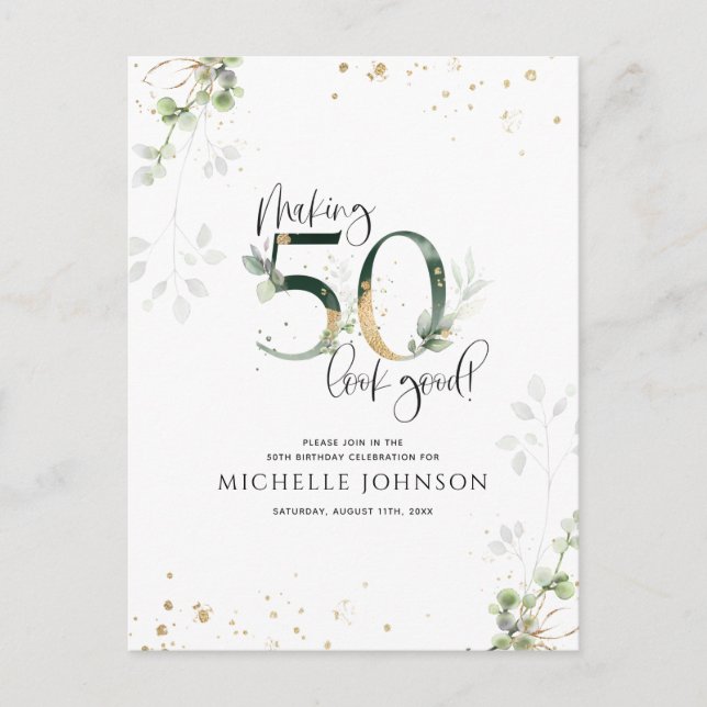 Making 50 Look Good Green Gold Botanical Birthday Invitation Postcard (Front)