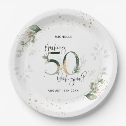 Making 50 Look Good Green Gold Botanical Birthday Paper Plates