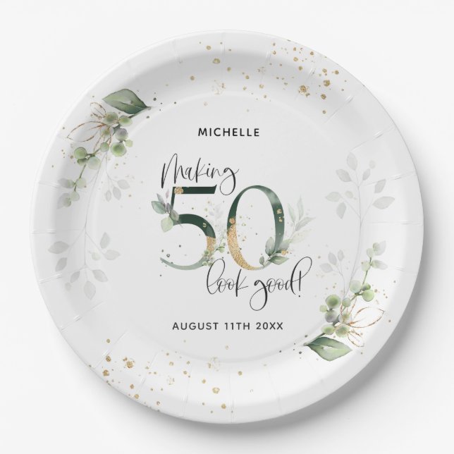 Making 50 Look Good Green Gold Botanical Birthday Paper Plates (Front)