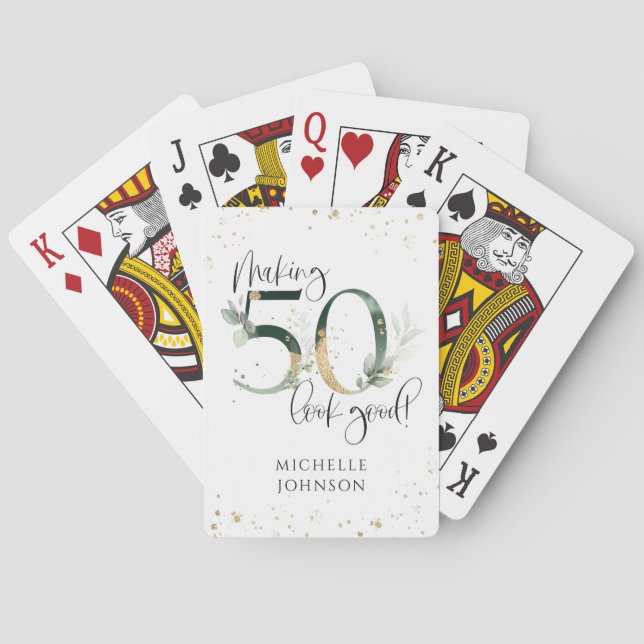 Making 50 Look Good Green Gold Botanical Birthday Poker Cards (Back)