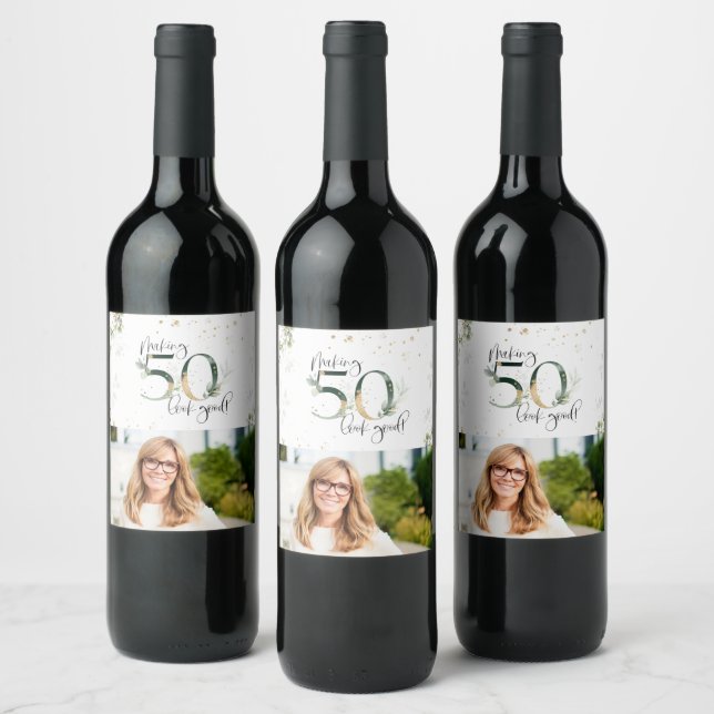 Making 50 Look Good Green Gold Botanical Birthday Wine Label (Bottles)