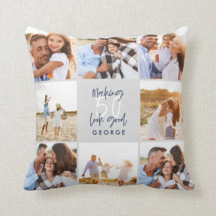 Making 50 look good navy gray photo birthday throw pillow