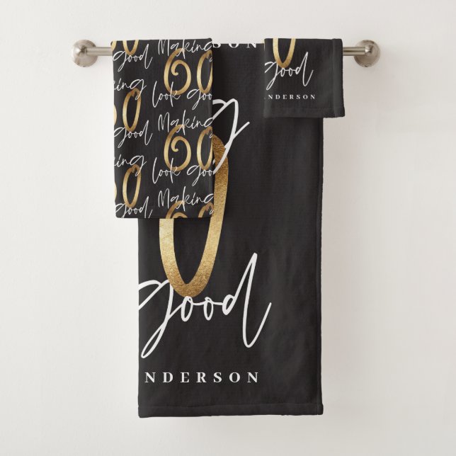 Making 60 look good gold birthday celebration bath towel set (Insitu)