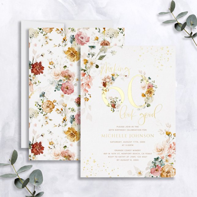 Making 60 Look Good Pink Floral Gold Foil Invitation (Creator Uploaded)