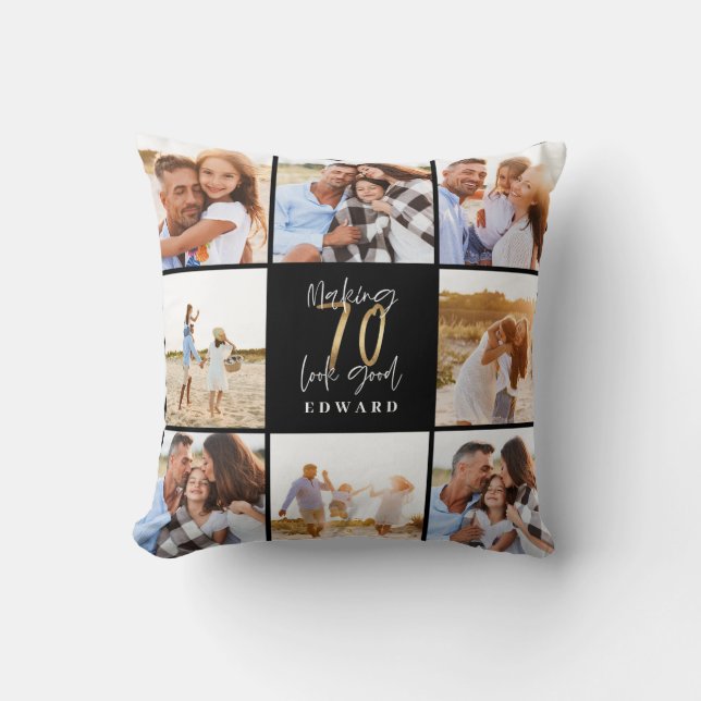 Making 70 look good gold black photo birthday throw pillow (Front)