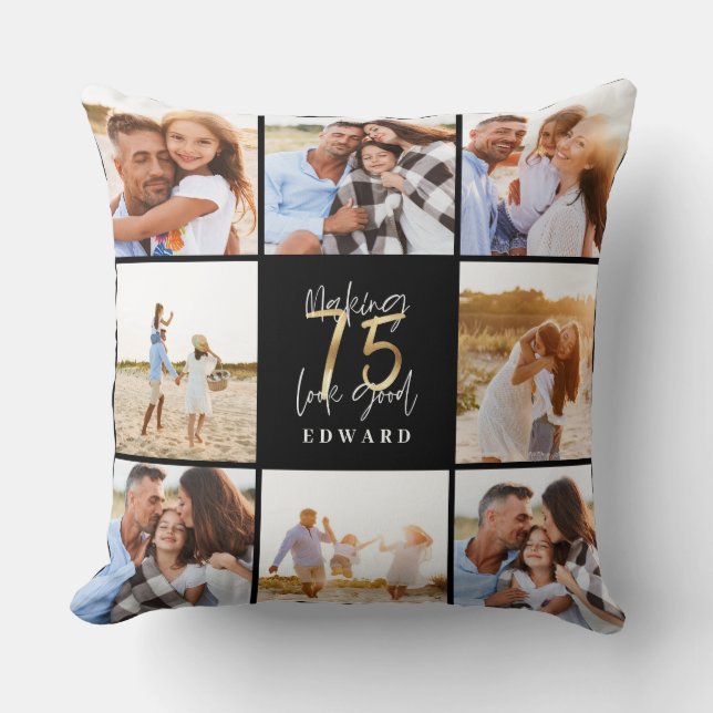 Making 75 look good gold black photo birthday throw pillow (Front)