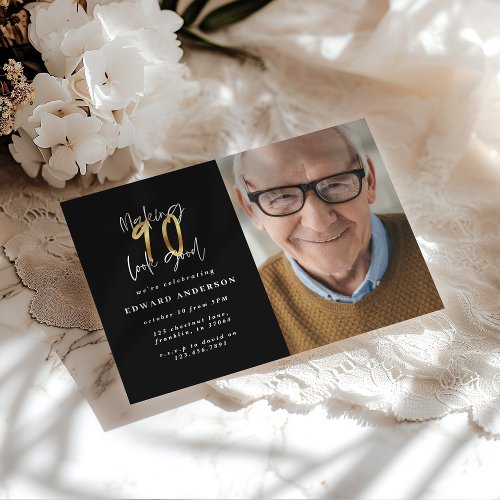 Making 90 look good gold birthday photo invite