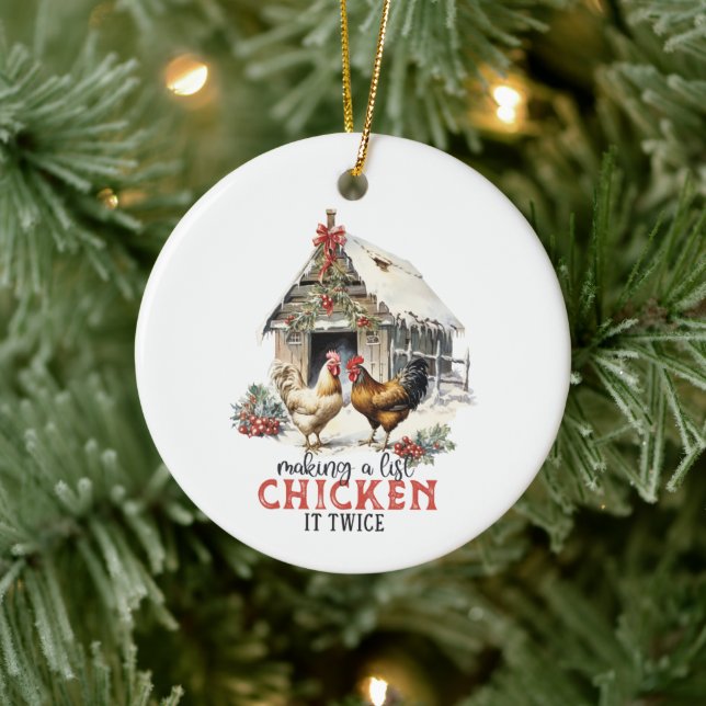 "Making a list, Chicken it twice" Puns Christmas Ceramic Ornament (Tree)