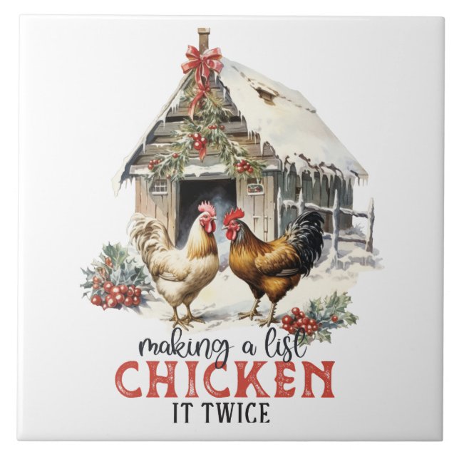 "Making a list, Chicken it twice" Puns Christmas Ceramic Tile (Front)