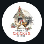 "Making a list, Chicken it twice" Puns Christmas Classic Round Sticker<br><div class="desc">This country chic design features a chicken pun text that reads "Making a list, Chicken it twice" and pictures a frosty chicken coop covered with snow and icicles, and adorned with red ribbon, holly, and snowy pine bough Christmas decorations with two chickens in the front. This rustic farmhouse style Christmas...</div>