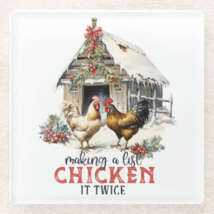 "Making a list, Chicken it twice" Puns Christmas Glass Coaster