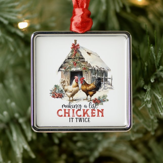 "Making a list, Chicken it twice" Puns Christmas Metal Ornament (Tree)