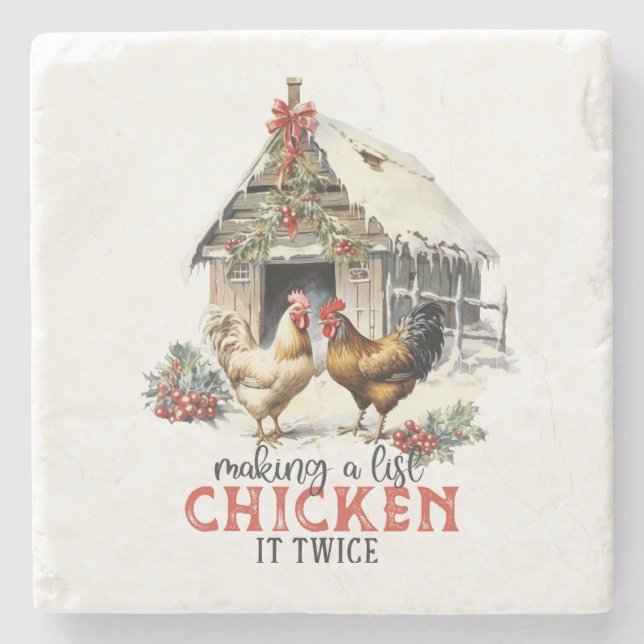 "Making a list, Chicken it twice" Puns Christmas Stone Coaster (Front)