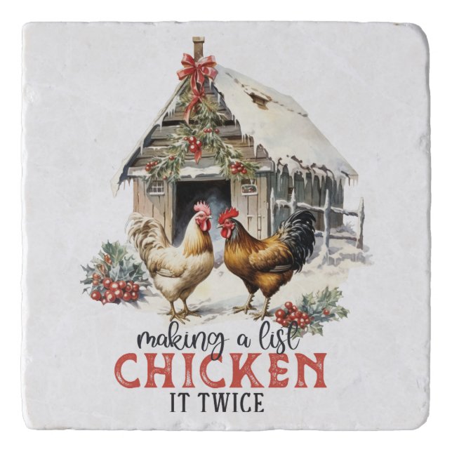 "Making a list, Chicken it twice" Puns Christmas Trivet (Front)