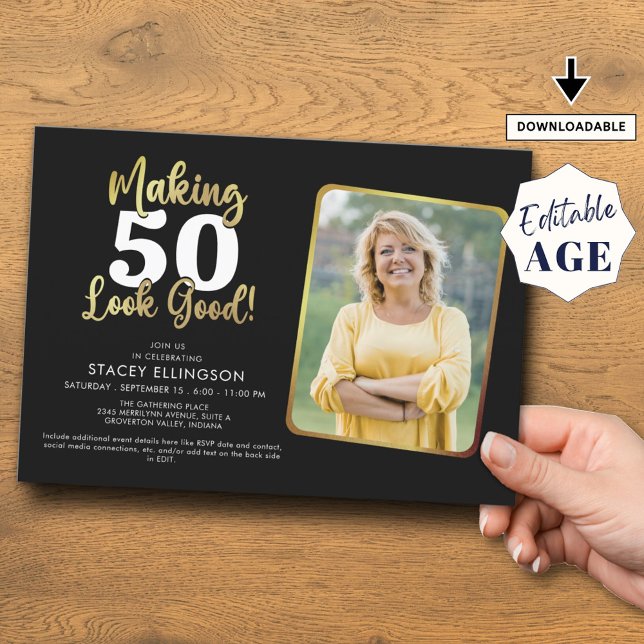 Making AGE Look Good Black Gold Photo Birthday Invitation (Creator Uploaded)