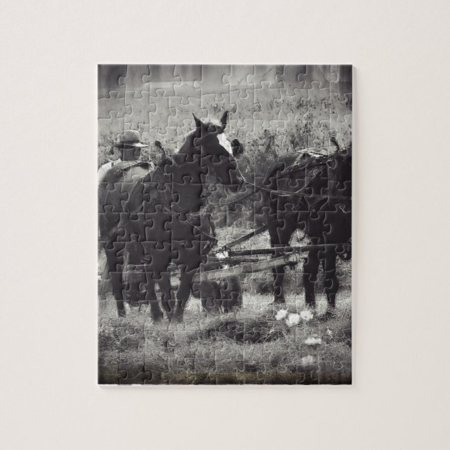 Making Hay With Horses Black and White Jigsaw Puzzle (Vertical)
