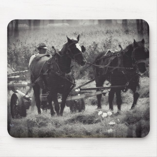 Making Hay With Horses Black and White Mouse Pad (Front)
