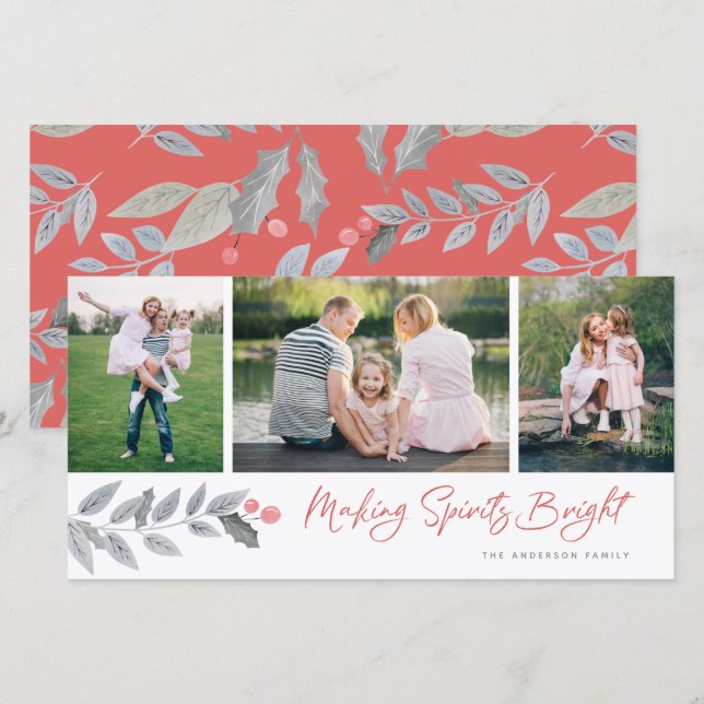 Making Spirits Bright Berry Floral 3 Photo Collage Holiday Card (Front/Back)