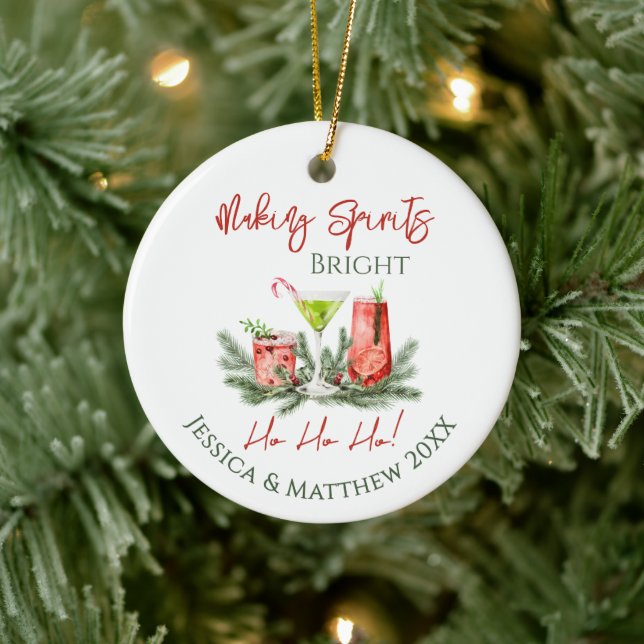 Making Spirits Bright Custom Couples Holiday Ceramic Ornament (Tree)