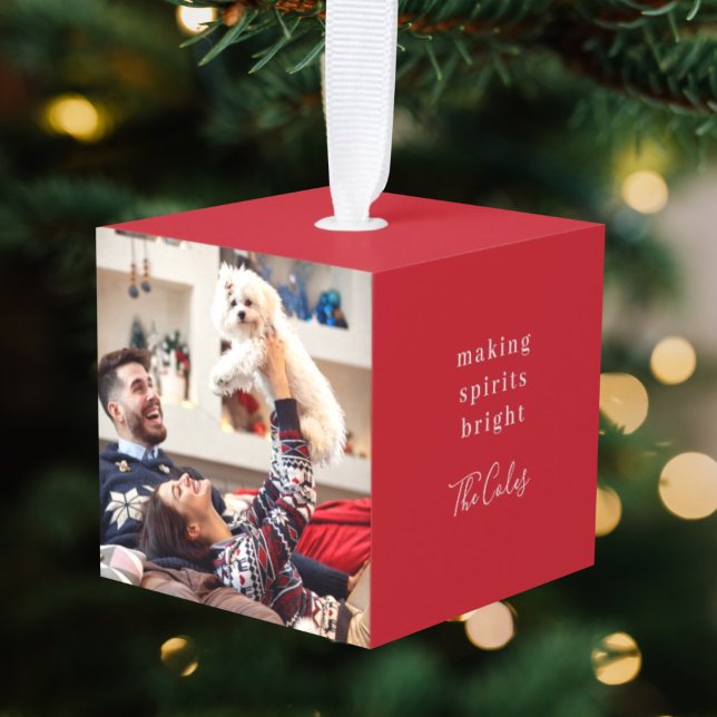 Making Spirits Bright | Modern Red Christmas Photo Cube Ornament (Creator Uploaded)