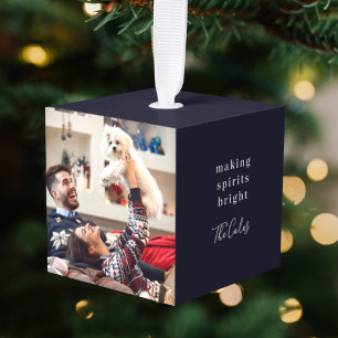 Making Spirits Bright Navy Blue Christmas Photo Cube Ornament