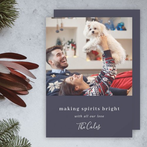 Making Spirits Bright  Navy Blue Christmas Photo Holiday Card