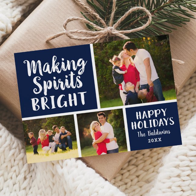 Making Spirits Bright Navy Script Photo Collage Holiday Card (Creator Uploaded)