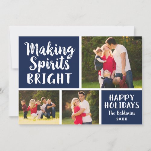 Making Spirits Bright Navy Script Photo Collage Holiday Card