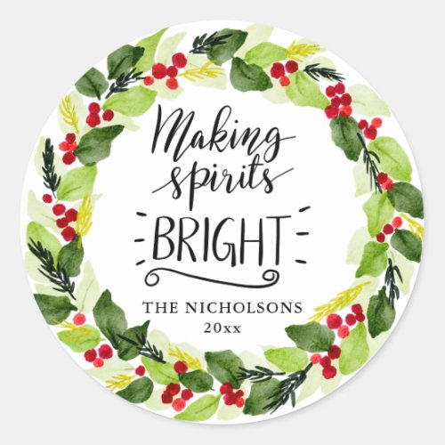 Making Spirits Bright  Red Berries Wreath Holiday Classic Round Sticker