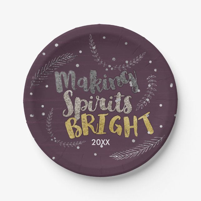 Making Spirits Bright Silver Leaves Purple Holiday Paper Plates (Front)