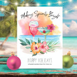 Making Spirits Bright Tropical Beach Cocktails Holiday Card<br><div class="desc">Tropical theme flat Christmas card features a watercolor beach sunset,  cocktails,  hibiscus flowers and palm leaves with a "Making Spirits Bright" caption in handwritten style lettering.</div>