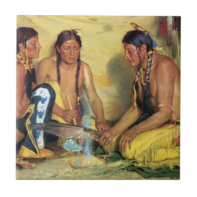 Making Sweetgrass Medicine, Blackfeet Ceremony Ceramic Tile (Front)
