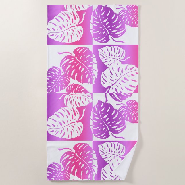 Makua Monstera Tropical Hawaiian Pink Blend Beach Towel (Front)