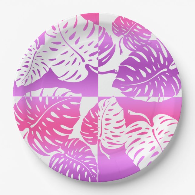 Makua Monstera Tropical Hawaiian Striped Blend Paper Plates (Front)