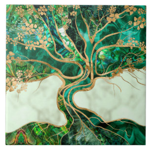 Malachite and Abalone Tree of life abstract Ceramic Tile