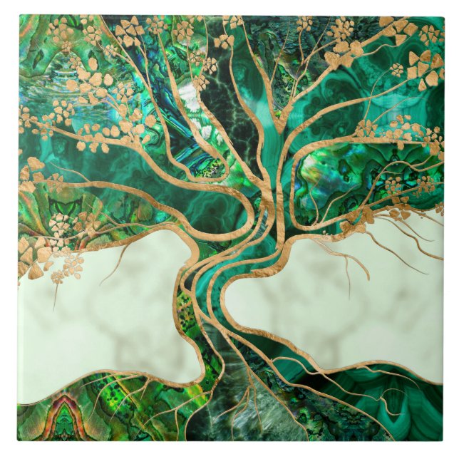 Malachite and Abalone Tree of life abstract Ceramic Tile (Front)