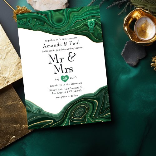 Malachite and Gold Strata Agate Mr  Mrs Wedding Invitation