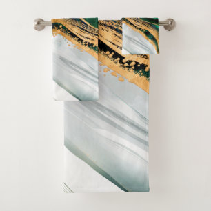 Malachite green watercolor and gold bath towel set